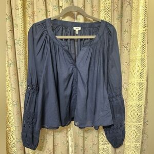 3/$30 Aerie Navy Cotton Boho Peasant Blouse Crochet Sleeve Medium